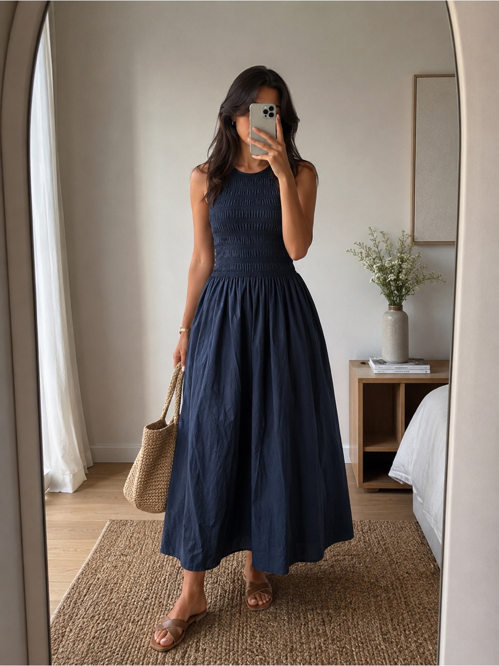 Rag & Bone Smocked Sleeveless Midi Dress Navy Size S NWT